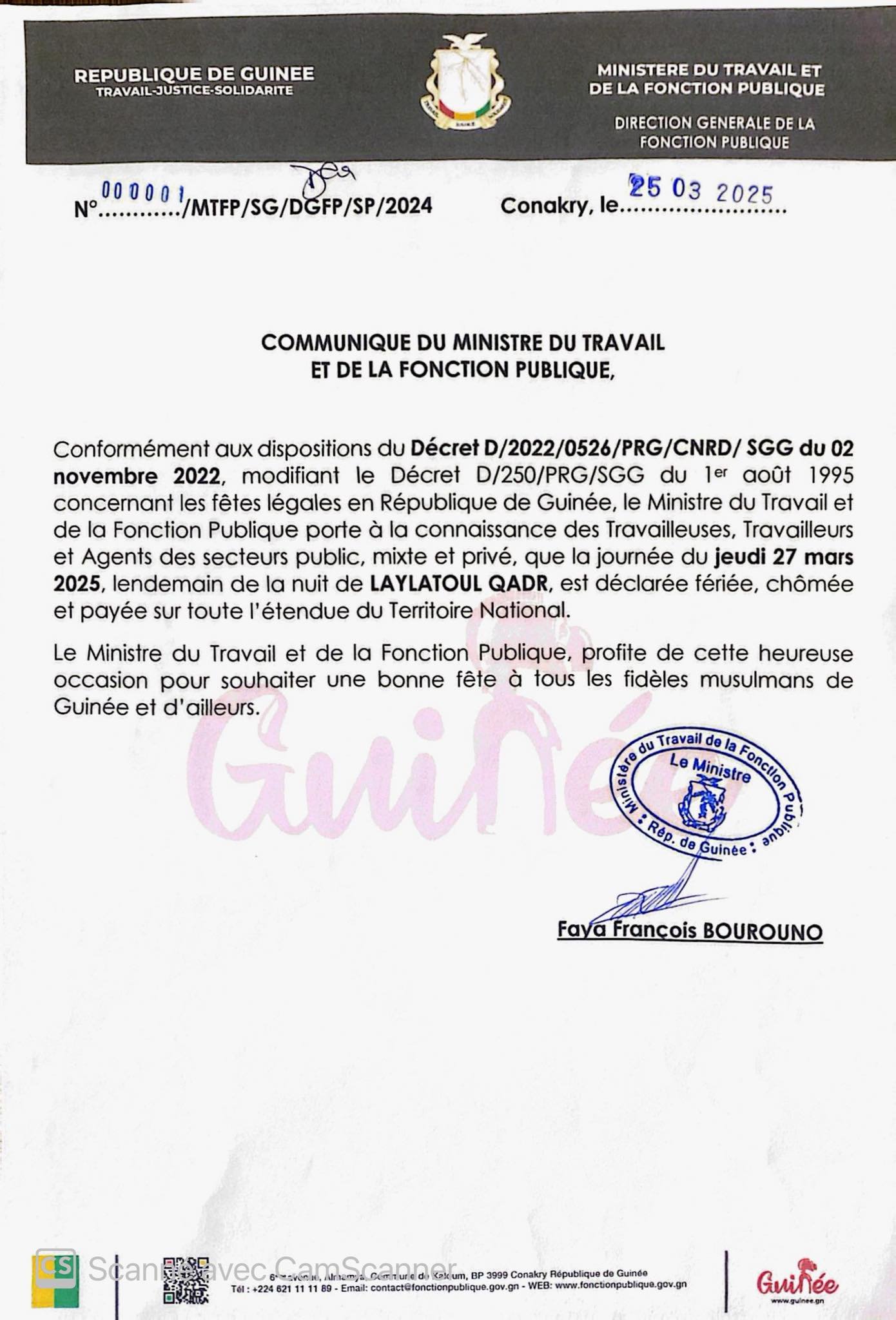 chômée et payée sur toute l’étendue du territoire national (Communiqué) 