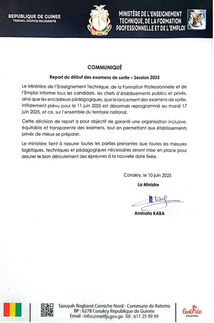 Les examens de sortie sont de nouveau reportés au 17 juin 2025.