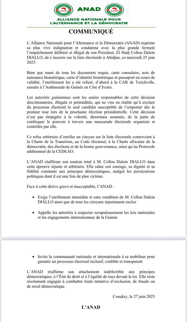 Cellou Dalein Diallo empêché de se faire enrôler : L’ANAD condamne "une décision discriminatoire, illégale et préméditée."