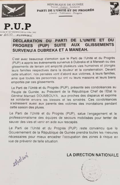 Dubréka et Manéah endeuillées : le PUP exprime ses condoléances et appelle à la prévention