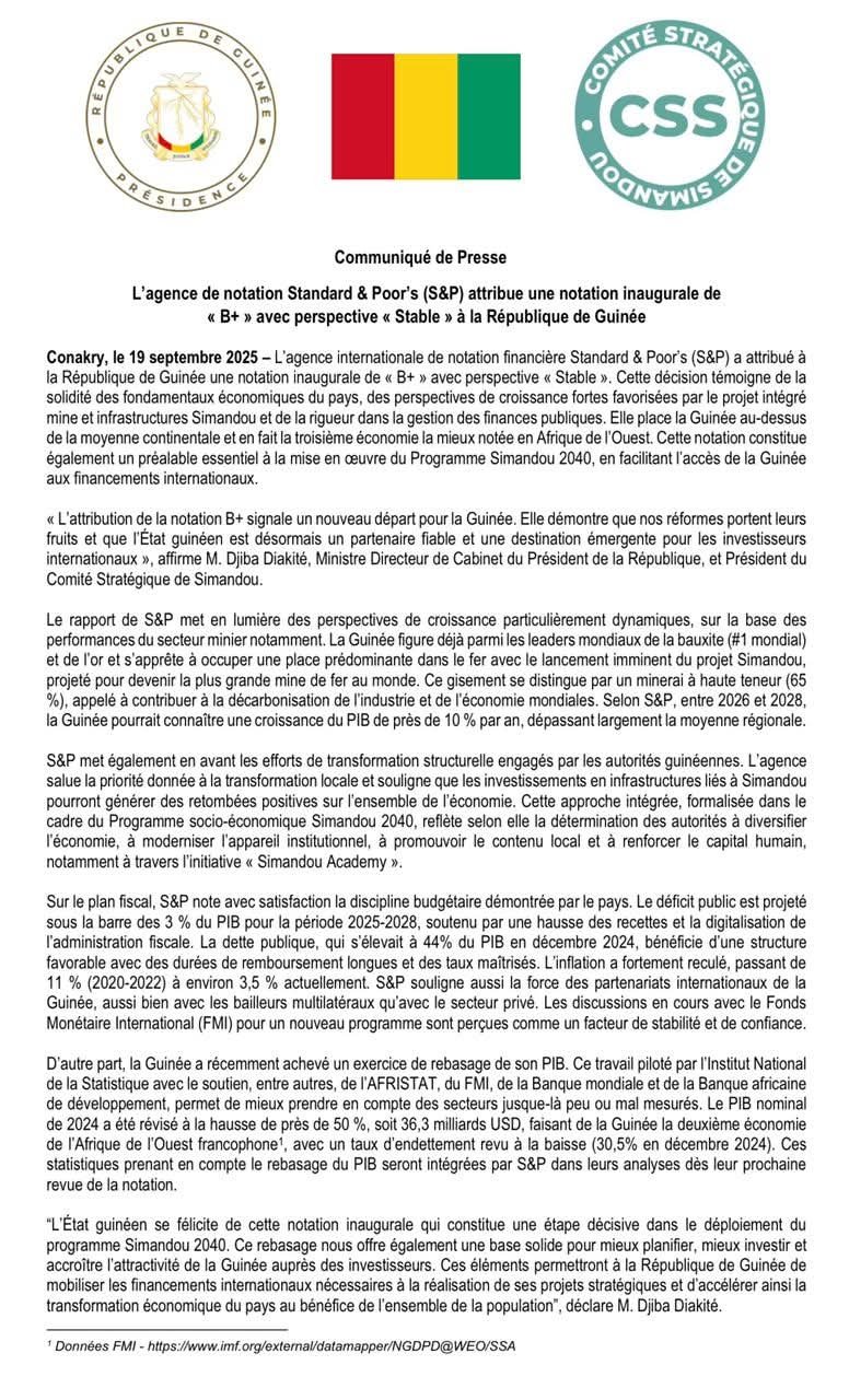 Guinée : Standard & Poor’s attribue une notation inaugurale de « B+ » avec perspective stable
