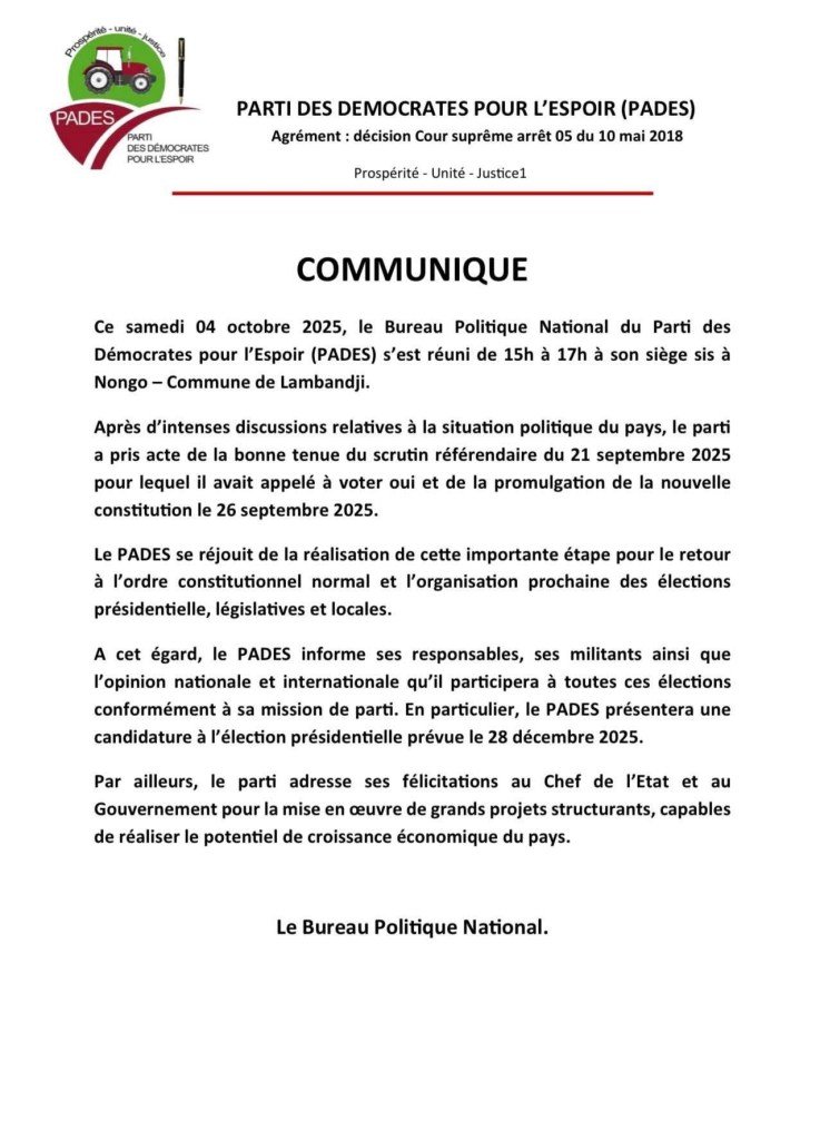 Présidentielle du 28 décembre : le PADES de Dr Ousmane Kaba affiche son ambition de participer à la compétition électorale