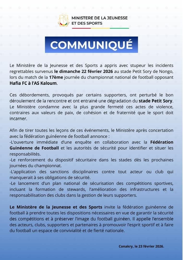 Guinée : le ministère de la Jeunesse et des Sports condamne les violences au stade Petit Sory lors du match Hafia FC – AS Kaloum